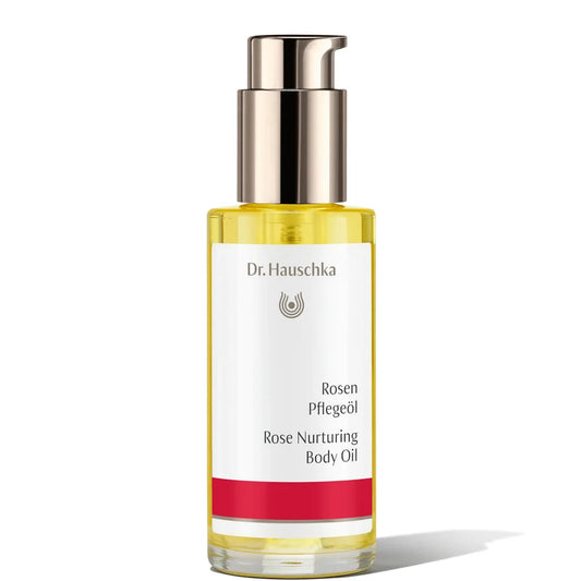 Dr. Hauschka Rose Nurturing Body Oil 75ml in glass bottle with rose petal illustration, calming skincare oil.