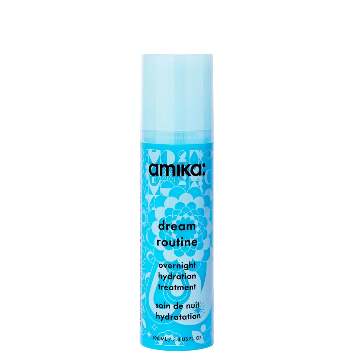 Amika Dream Routine Overnight Hydration Treatment Mask 100ml, blue bottle with white amika and Dream Routine lettering