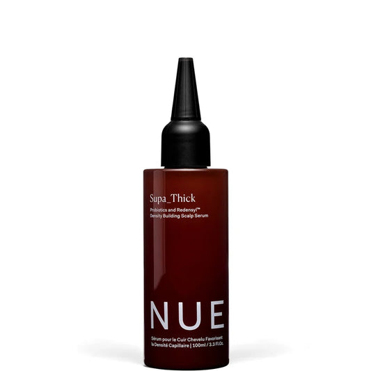 The Nue Co. Supa Thick Treatment 100ml amber glass dropper bottle labelled Supa Thick scalp and hair treatment