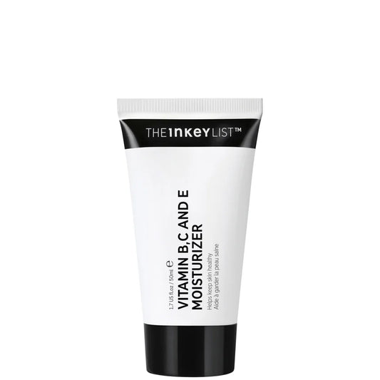 The INKEY List Vitamin B, C and E lightweight moisturiser in white tube, designed to hydrate and brighten skin