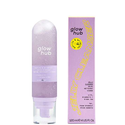 Glow Hub Jelly Cleanser tube in pink with brightening skincare claims on label