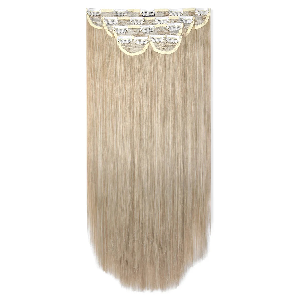 Clip-in straight hair extensions in California Blonde
