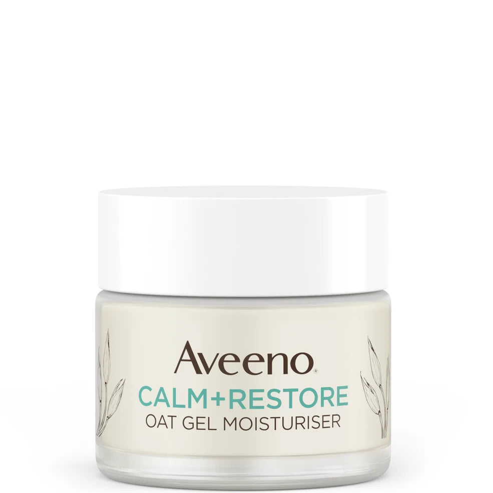 Aveeno Face Calm and Restore Oat Gel Moisturiser 50ml jar – compact clear pot with a gentle, fragrance-free gel formula enriched with prebiotic oat to soothe and strengthen sensitive skin.