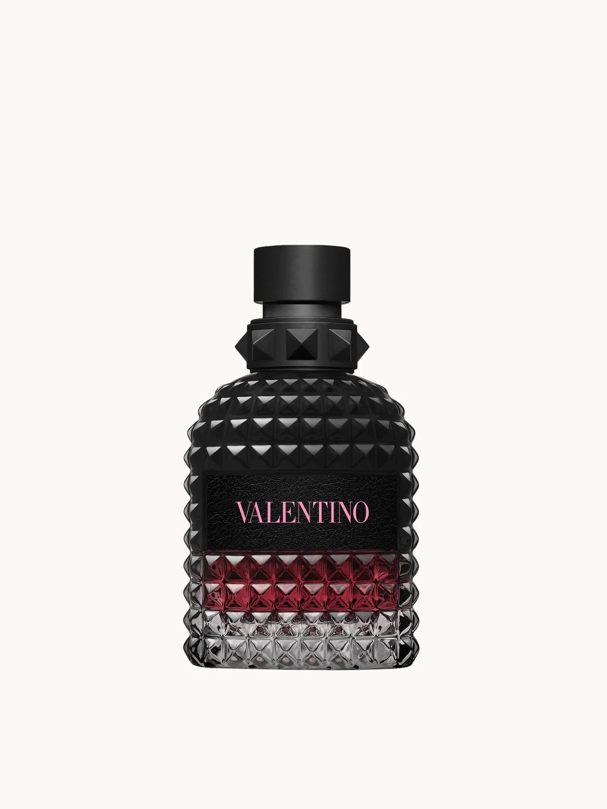 Valentino Born in Roma Uomo Intense Eau de Parfum 50ml, dark glass perfume bottle embossed with metallic studs and a matching studded cap