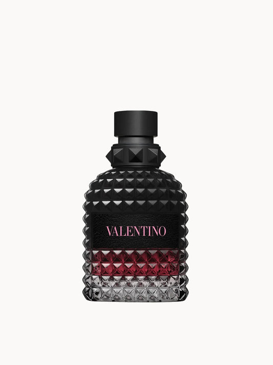 Valentino Born in Roma Uomo Intense Eau de Parfum 50ml, dark glass perfume bottle embossed with metallic studs and a matching studded cap