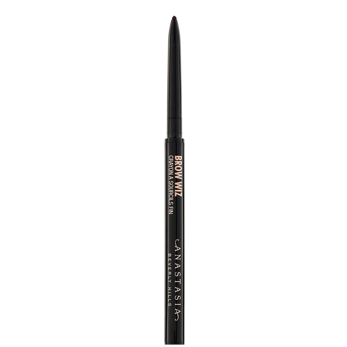 Anastasia Beverly Hills Brow Wiz Deluxe - Medium Brown, slim black retractable pencil with spoolie brush end and ABH gold logo