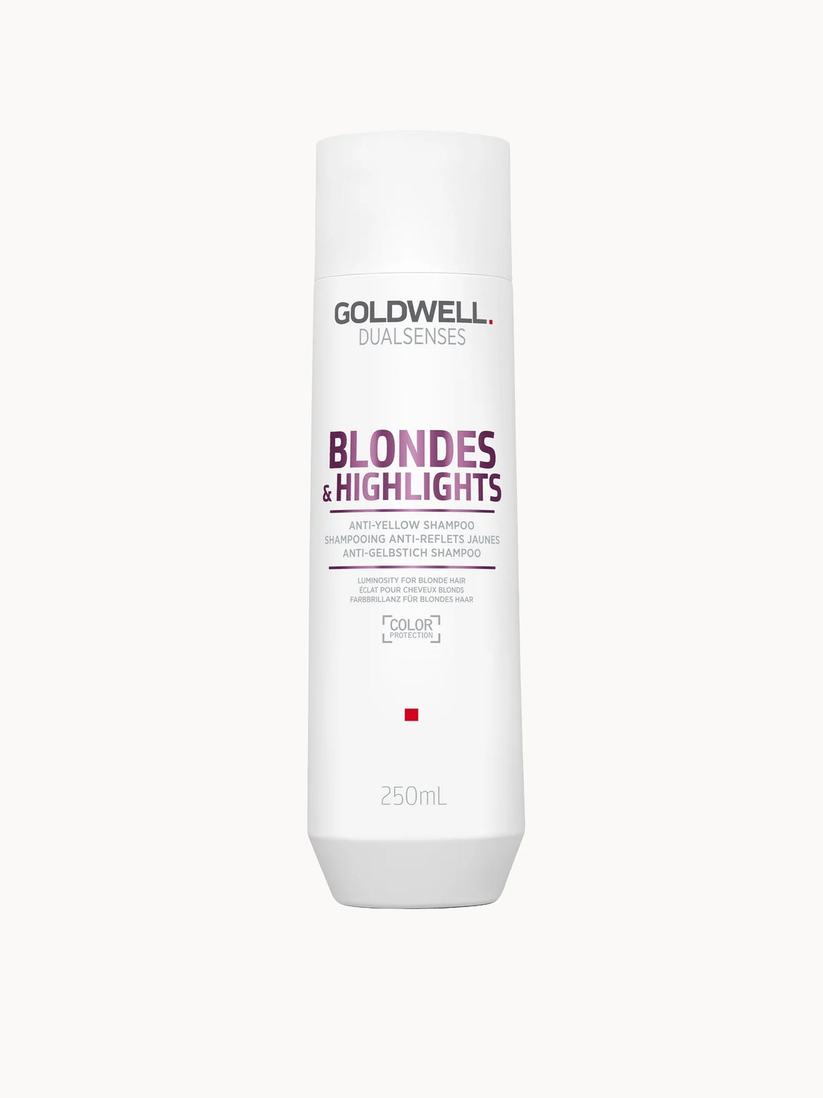Goldwell Dualsenses Blonde and Highlights Anti-Yellow Shampoo 250ml, purple bottle with a black pump and silver Dualsenses branding