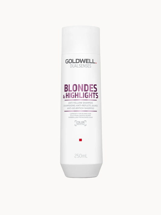 Goldwell Dualsenses Blonde and Highlights Anti-Yellow Shampoo 250ml, purple bottle with a black pump and silver Dualsenses branding