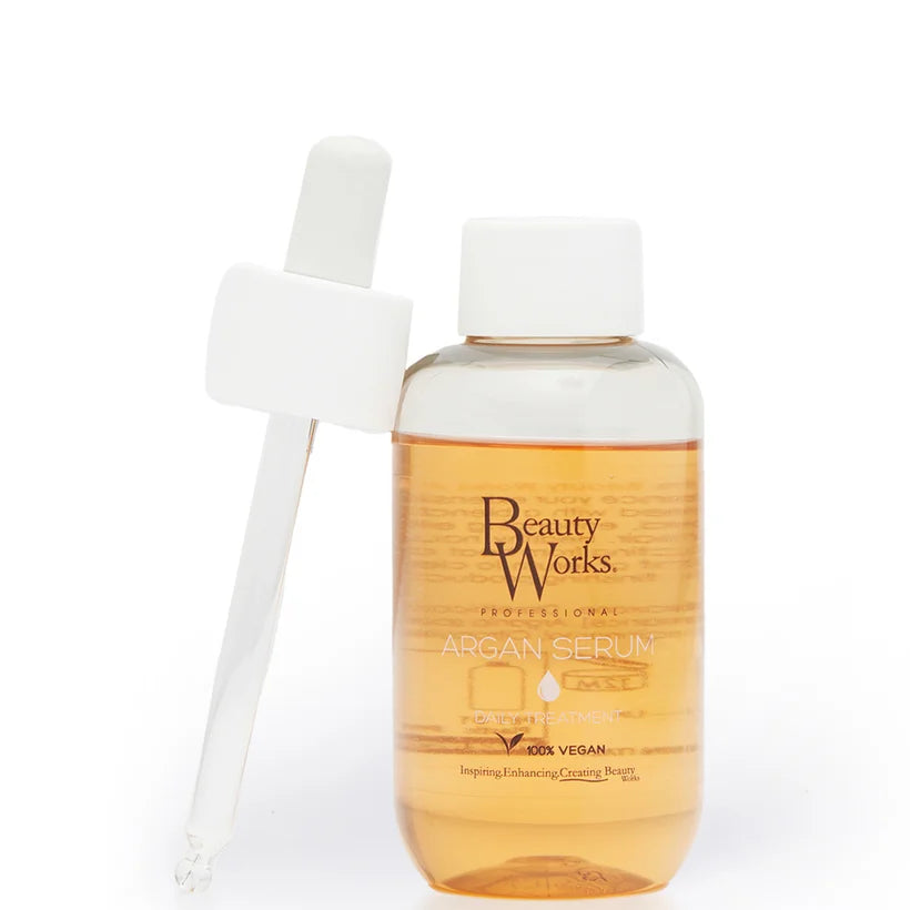 Beauty Works Argan Serum 90ml in a clear bottle with pump dispenser