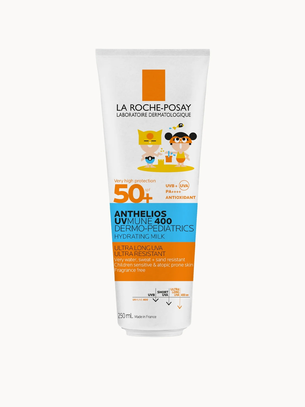 La Roche-Posay Anthelios UVMune 400 Dermo-Pediatrics Kids Hydrating Lotion SPF 50+ 250ml, white and blue squeeze bottle with flip cap and La Roche-Posay Anthelios Kids branding