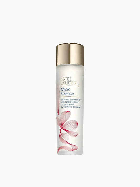 Estée Lauder Micro Essence Treatment Lotion 100ml, pink and white glass bottle with silver cap