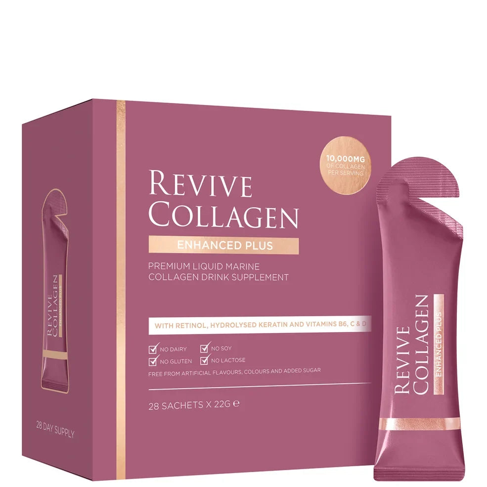 Revive Collagen Enhanced Plus 10,000mg sachets, box of individual foil sachets
