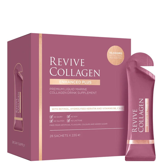 Revive Collagen Enhanced Plus 10,000mg sachets, box of individual foil sachets