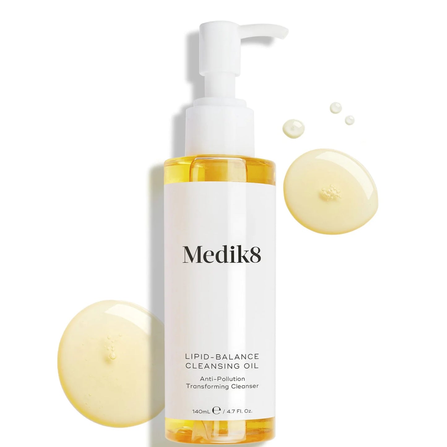 Medik8 Lipid-Balance Cleansing Oil 140ml — melt-to-milk oil with safflower, omega-6, vitamin E and moringa; lifts SPF and makeup in a tall bottle.