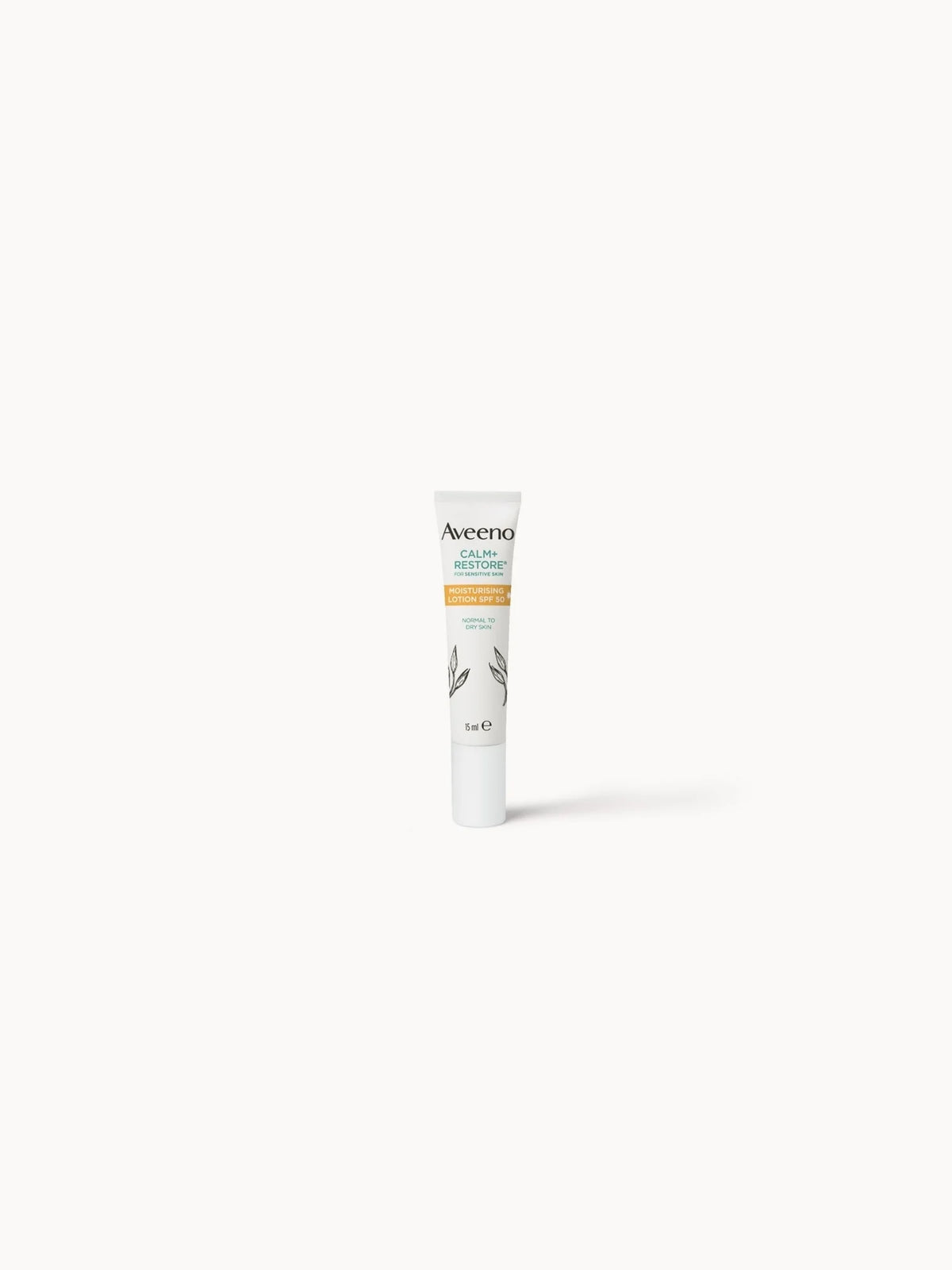 Aveeno Calm & Restore Moisturising Lotion SPF 50 15ml, small green travel-size tube with white Aveeno oat leaf branding
