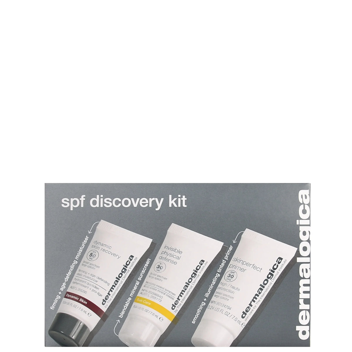 Dermalogica SPF Discovery Kit, three white and orange sunscreen tubes in a boxed set