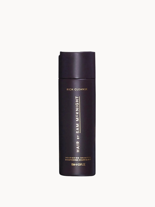 Hair By Sam Mcknight Rich Cleanse Nourishing Shampoo 100ml, small bottle with a flip cap and minimal Hair by Sam McKnight lettering