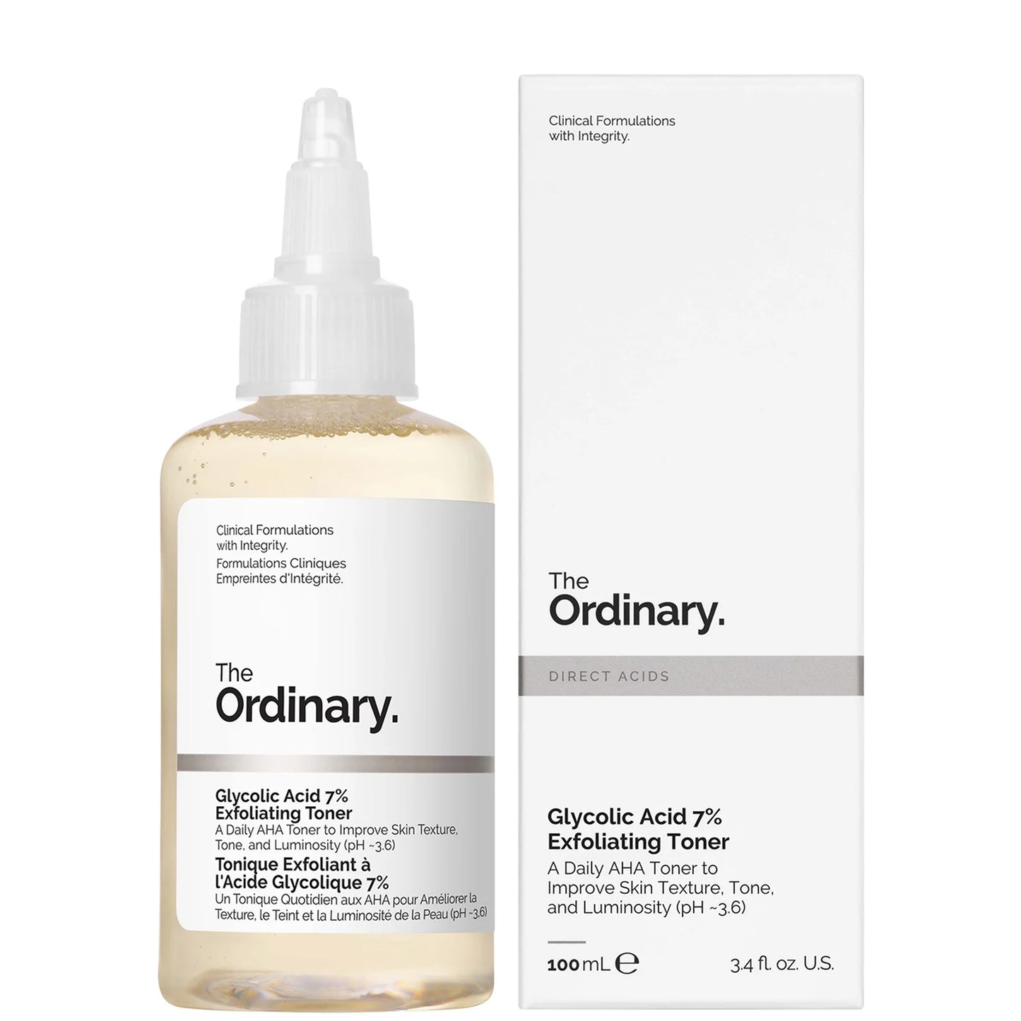 The Ordinary Glycolic Acid 7% Exfoliating Toner 100ml bottle, chemical exfoliant toner