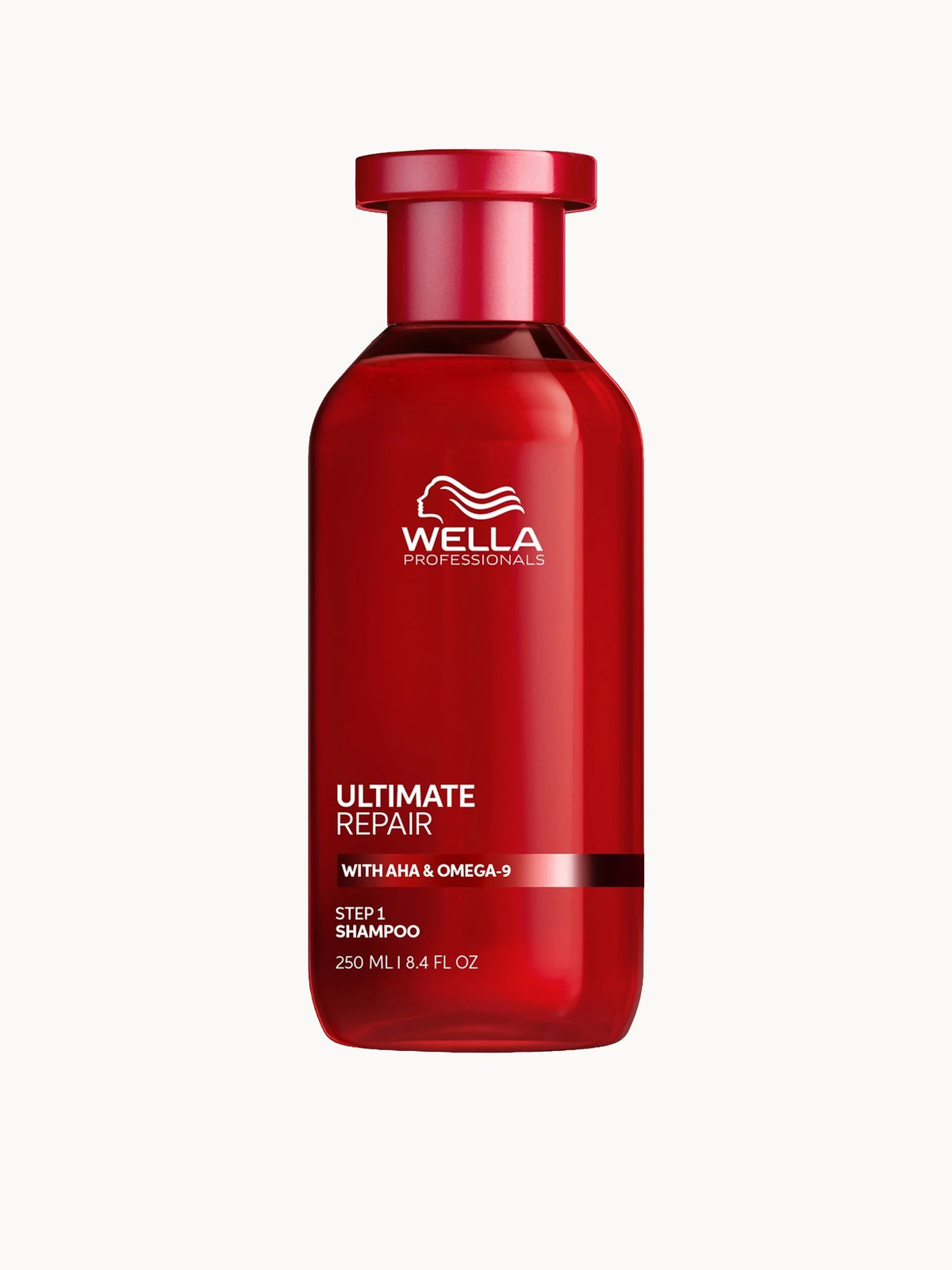 Wella Professionals Care Ultimate Repair Shampoo 250ml, clear bottle with black cap and Wella Professionals Ultimate Repair branding