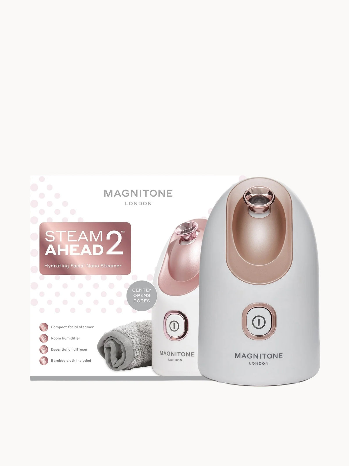 MAGNITONE London SteamAhead2 Hydrating Facial Nano Steamer, white handheld device with a nozzle for steam and MAGNITONE branding
