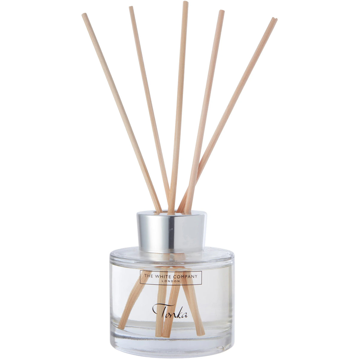 The White Company Tonka Diffuser 150ml , clear glass diffuser bottle with rattan reeds and a black lid
