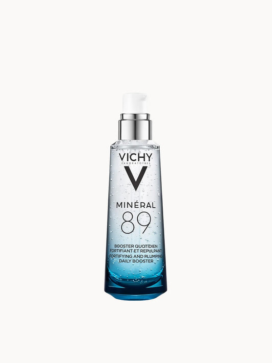 Vichy Mineral 89 Hydrating and Plumping Daily Booster 75ml, glass pump bottle with white cap and blue Vichy label