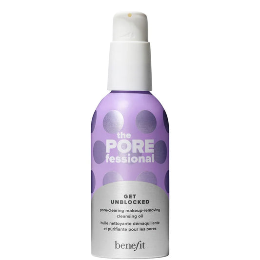 benefit The POREfessional Get Unblocked Pore Clearing Cleansing Oil 147ml pale blue pump bottle with retro-style illustrated label