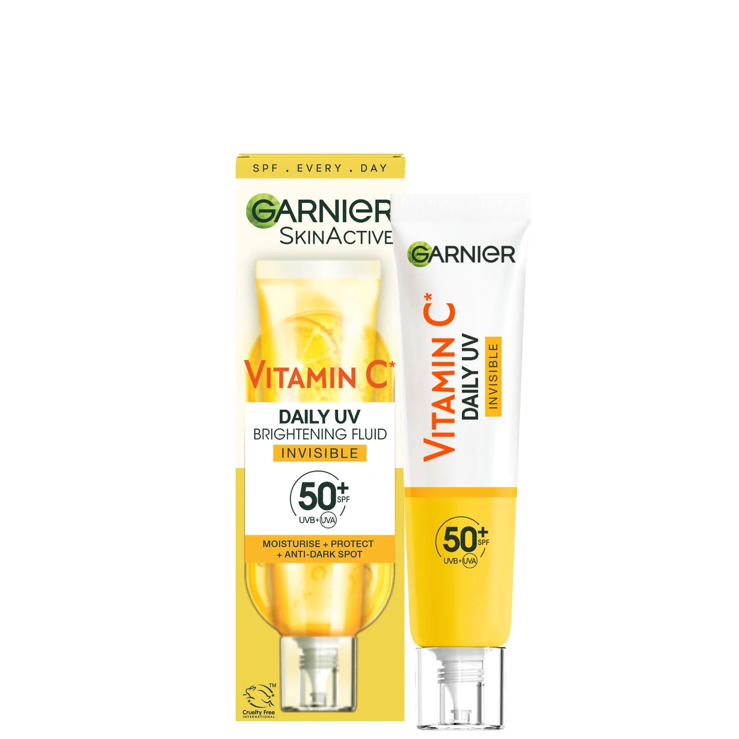 Garnier Vitamin C Daily UV Brightening Fluid Invisible SPF50+ 40ml – vitamin C SPF with hyaluronic acid and peptides, invisible finish.