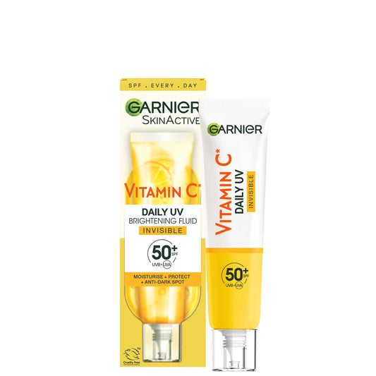 Garnier Vitamin C Daily UV Brightening Fluid Invisible SPF50+ 40ml – vitamin C SPF with hyaluronic acid and peptides, invisible finish.