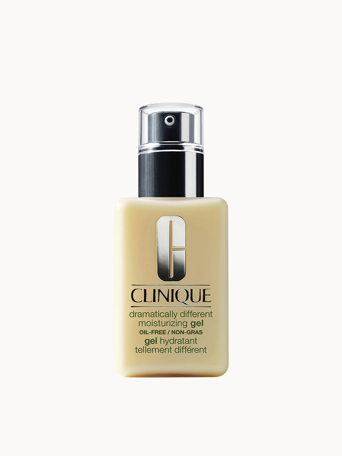 Clinique Dramatically Different Moisturising Gel+ 125ml, yellow-tinted glass jar with green cap and Clinique wordmark label