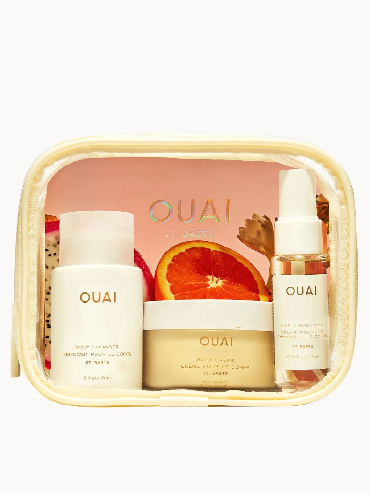 OUAI Wanna Get A-Ouai Travel Kit, pink pouch with three travel-size St. Barts bottles