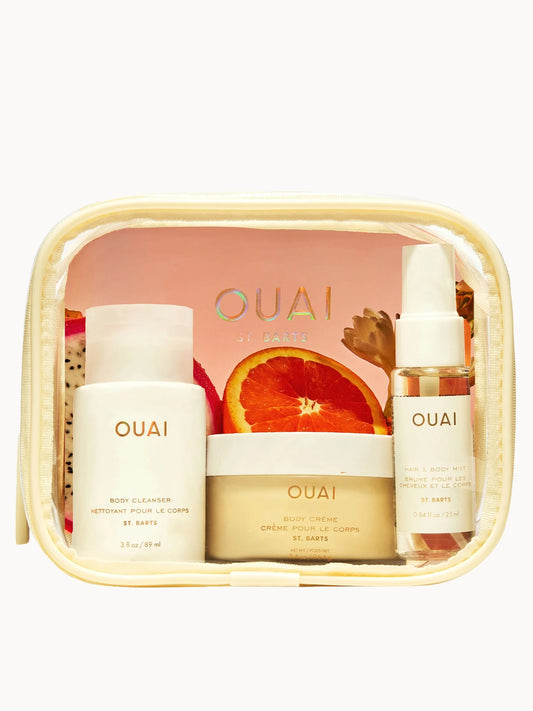 OUAI Wanna Get A-Ouai Travel Kit, pink pouch with three travel-size St. Barts bottles