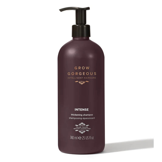 Grow Gorgeous Intense Thickening Shampoo supersize bottle featuring Grow Gorgeous product design