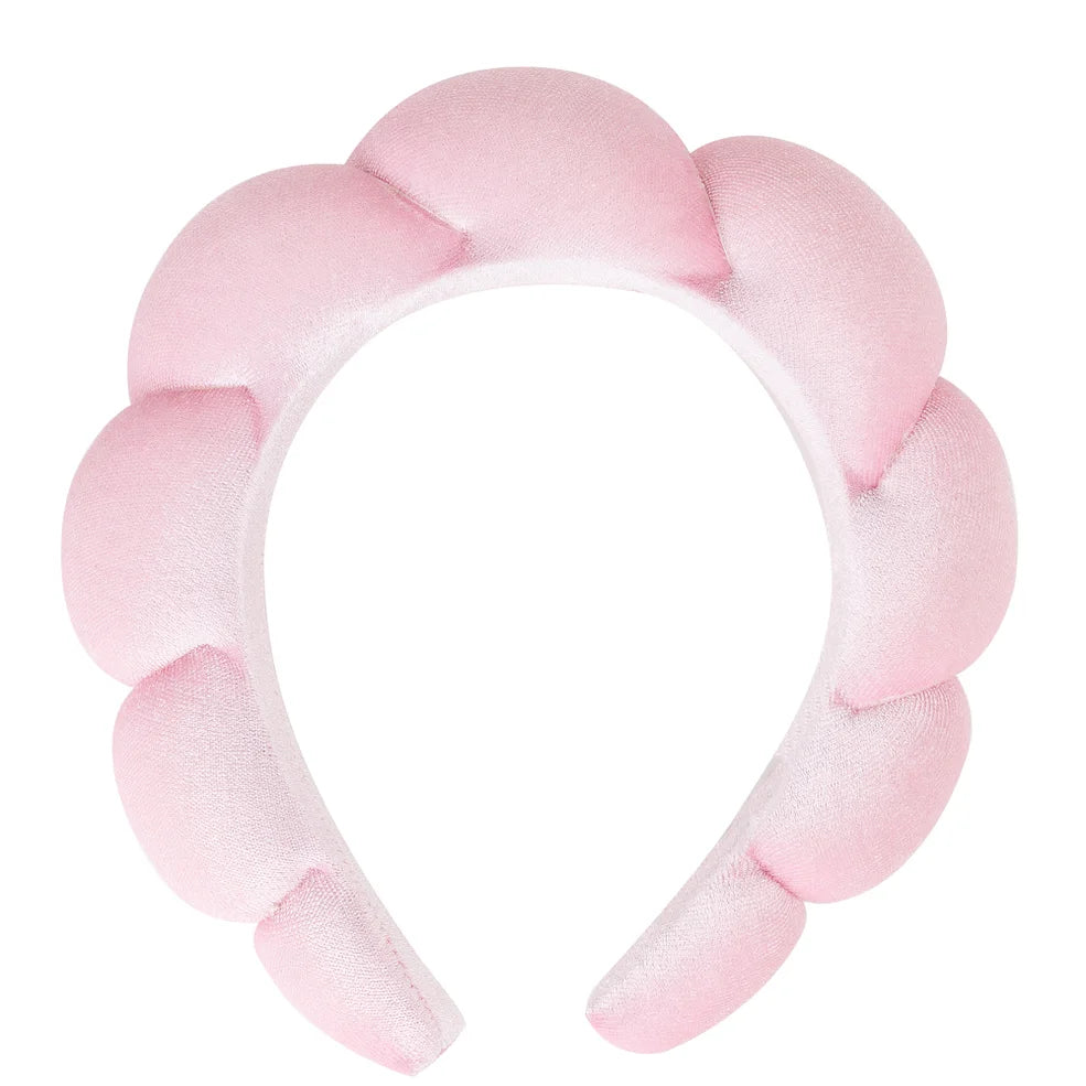 Soft pink bubble-textured headband for makeup and skincare routines