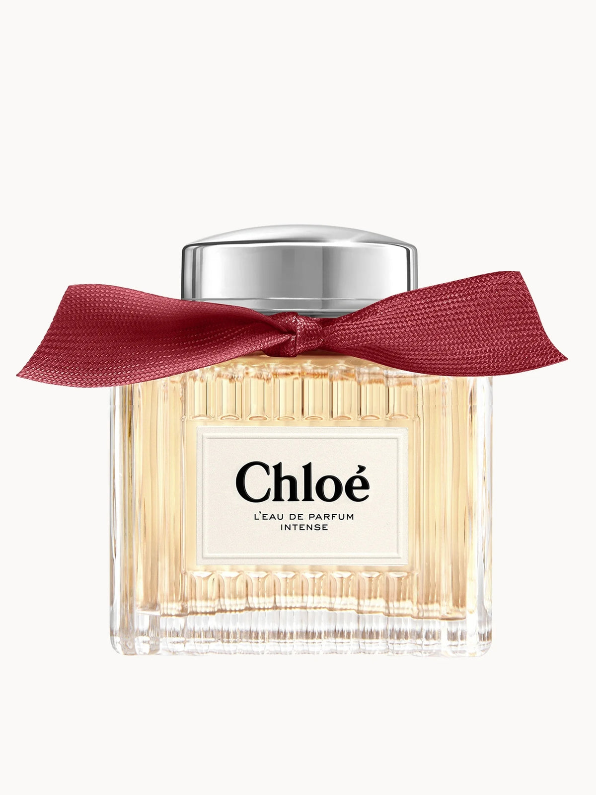 Chloé L’Eau de Parfum Intense for Women 100ml, clear pleated glass bottle with black and ecru label and burgundy ribbon
