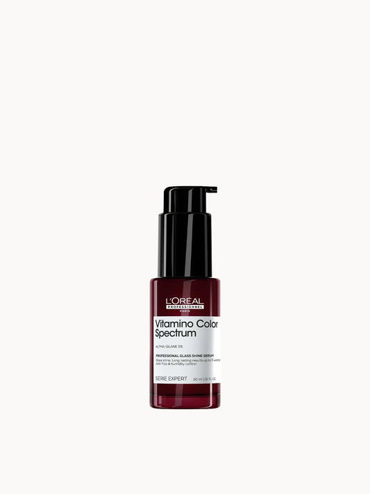 L'Oreal Professionnel Vitamino Colour Spectrum Glass Shine Serum 30ml, black pump bottle with gold accents