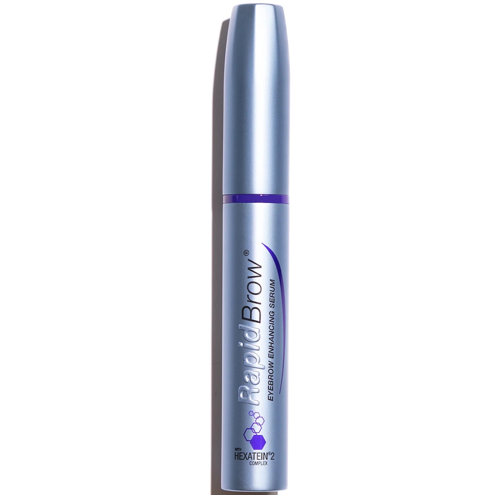 RapidBrow eyebrow enhancing serum in a slim tube with attached brush applicator, designed for precise application along the brows.