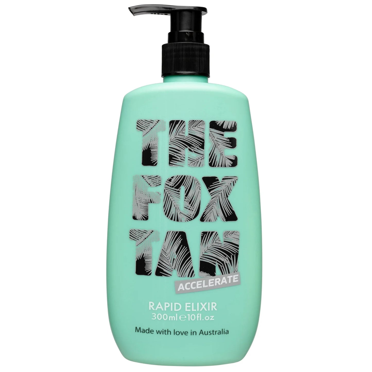The Fox Tan Rapid Elixir 300ml, tropical-themed green bottle with black label, designed to accelerate natural tanning for a deeper, faster glow