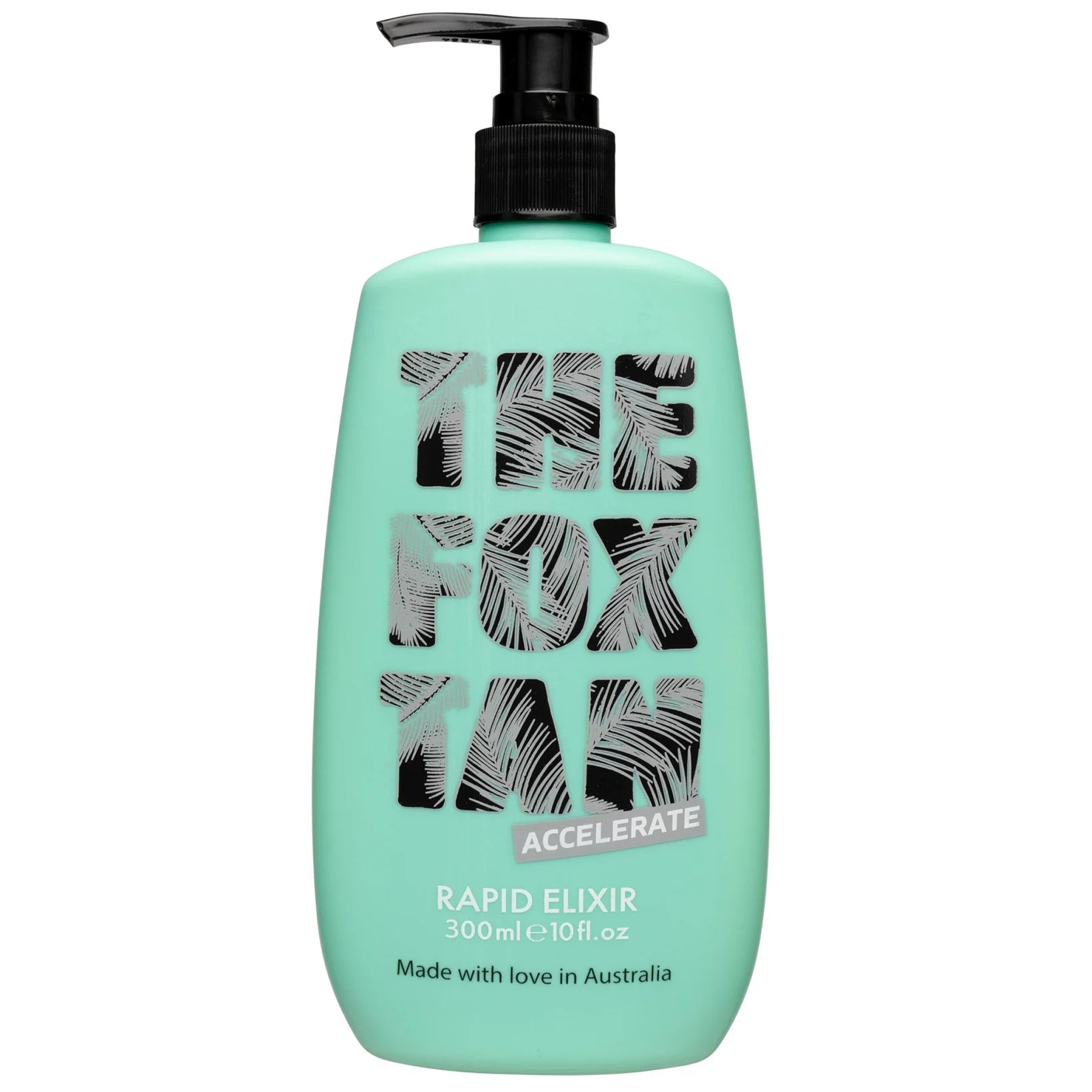 The Fox Tan Rapid Elixir 300ml, tropical-themed green bottle with black label, designed to accelerate natural tanning for a deeper, faster glow