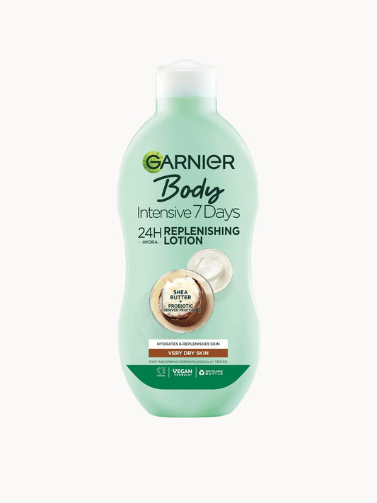 Garnier Intensive Shea Butter Body Lotion 400ml, large white pump bottle with green cap and Garnier shea butter branding
