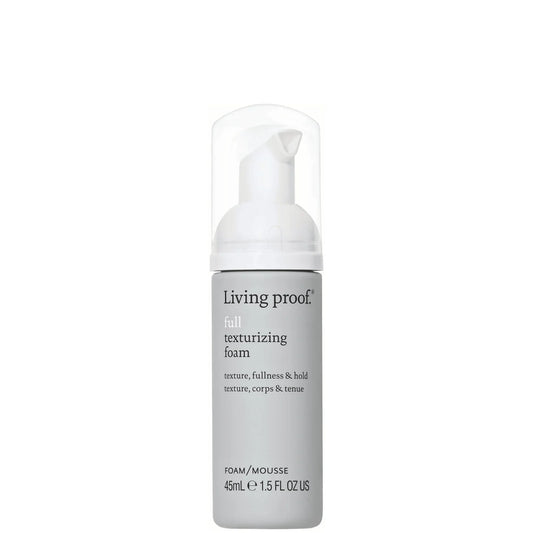Living Proof Full Texturising Foam 45ml, compact grey bottle with pump dispenser and minimalist white text