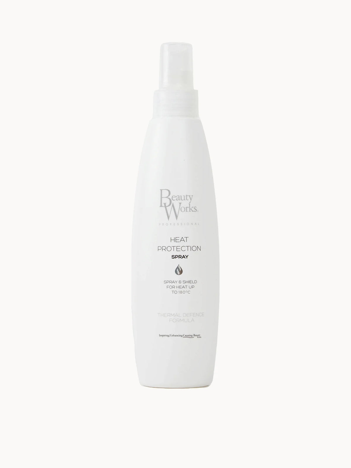 Beauty Works Heat Protection Spray 250ml, clear spray bottle with black cap and Beauty Works branding
