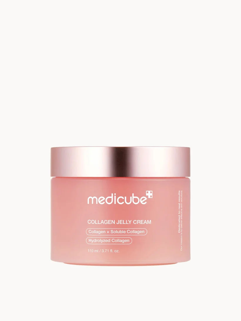 Medicube Collagen Jelly Cream 110ml clear jar with pink jelly texture visible and matching lid
