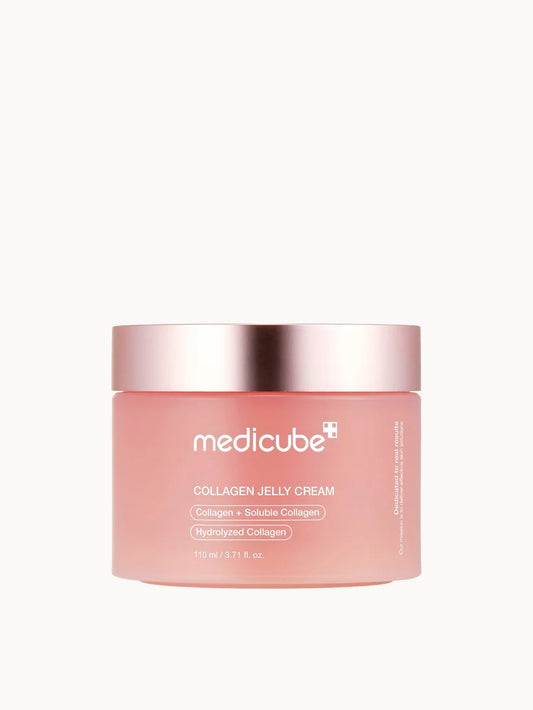 Medicube Collagen Jelly Cream 110ml clear jar with pink jelly texture visible and matching lid