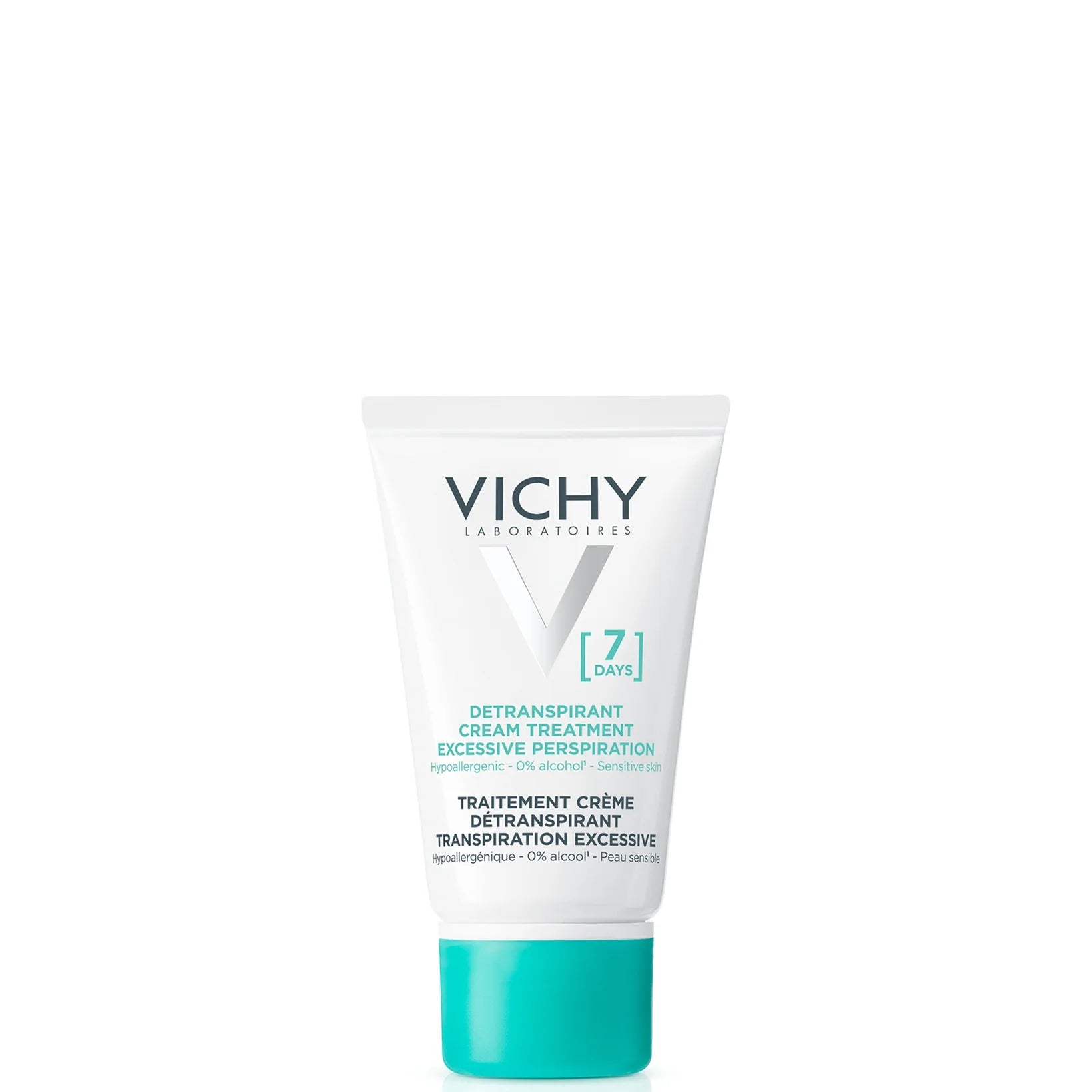 Vichy 7 Days Anti-Perspirant Cream Deodorant in a small white squeeze tube with blue Vichy logo and blue text on the front.