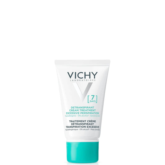 Vichy 7 Days Anti-Perspirant Cream Deodorant in a small white squeeze tube with blue Vichy logo and blue text on the front.