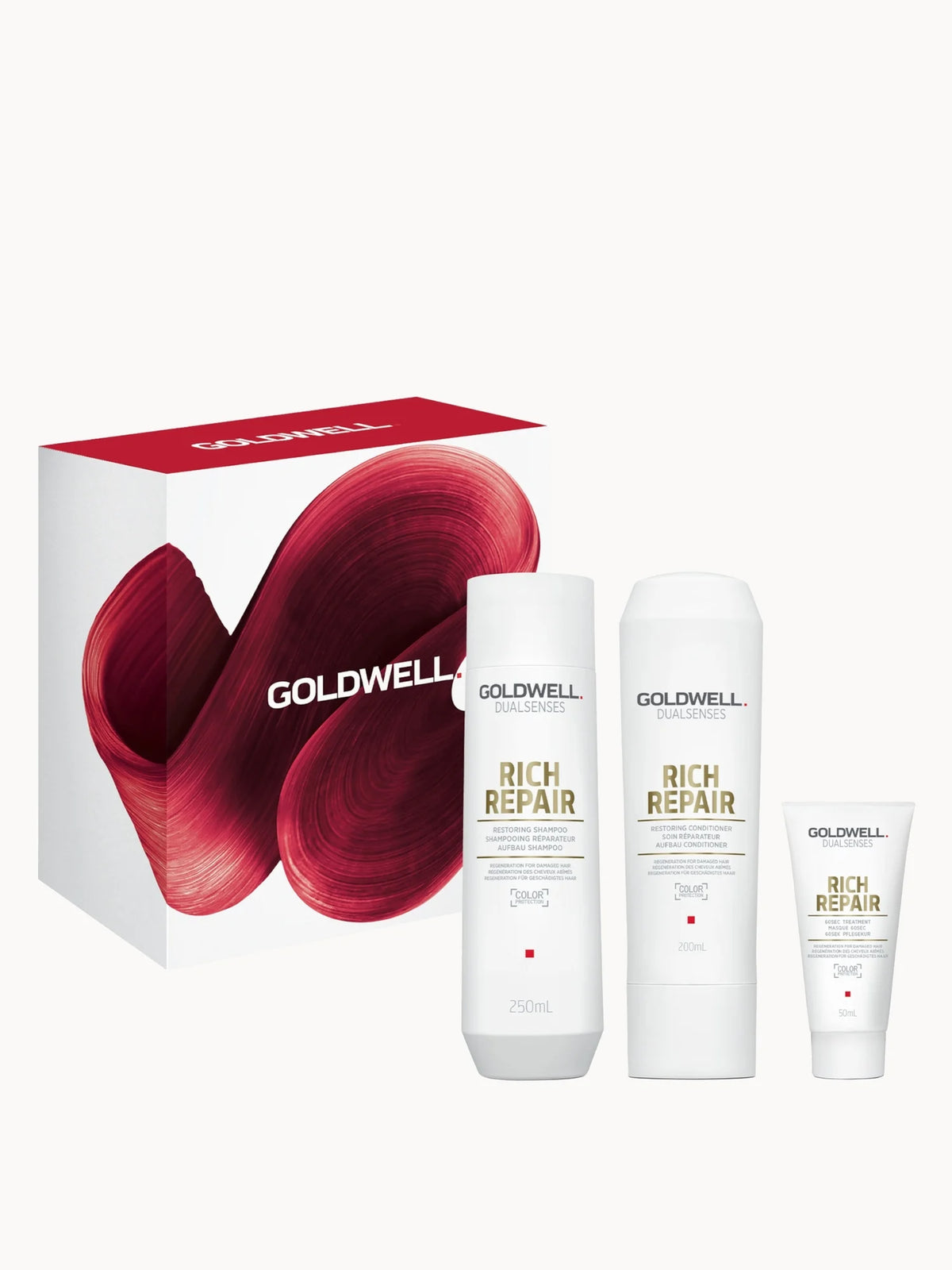 Goldwell Dualsenses Rich Repair Gift Set for Dry, Damaged Hair, box with matching bottles and Goldwell Dualsenses Rich Repair branding