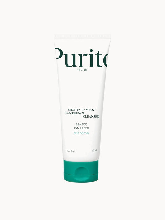 Purito Mighty Bamboo Panthenol Cleanser 150ml, clear pump bottle with green bamboo label