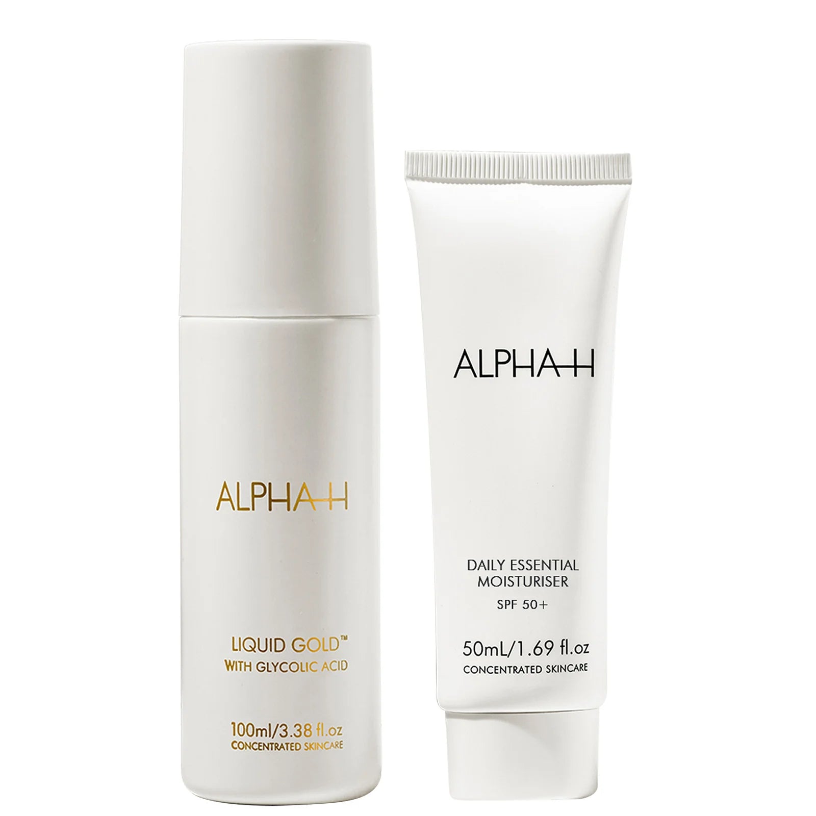 Alpha-H Glow and Protect Duo, featuring a Vitamin C serum and SPF moisturiser in sleek white and gold bottles, side by side