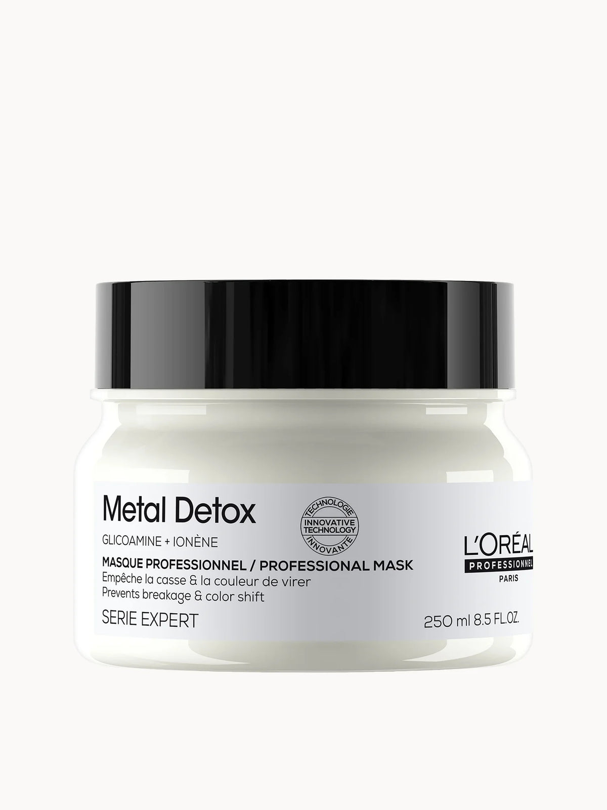 L'Oréal Professionnel Serie Expert Metal Detox Anti-Deposit Protector Mask 250ml, white tub with a screw lid and orange Metal Detox branding